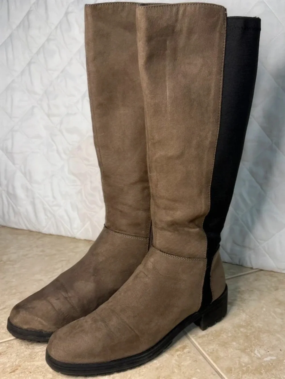 Brown and Black Two-Tone Knee-High Boots with Side Zipper